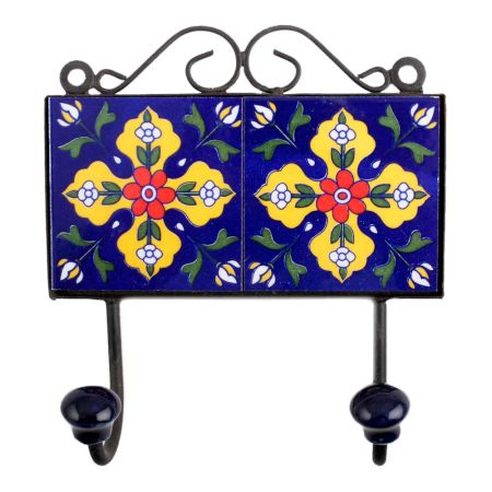 Navy Blue Yellow Floral Tiles Hooks